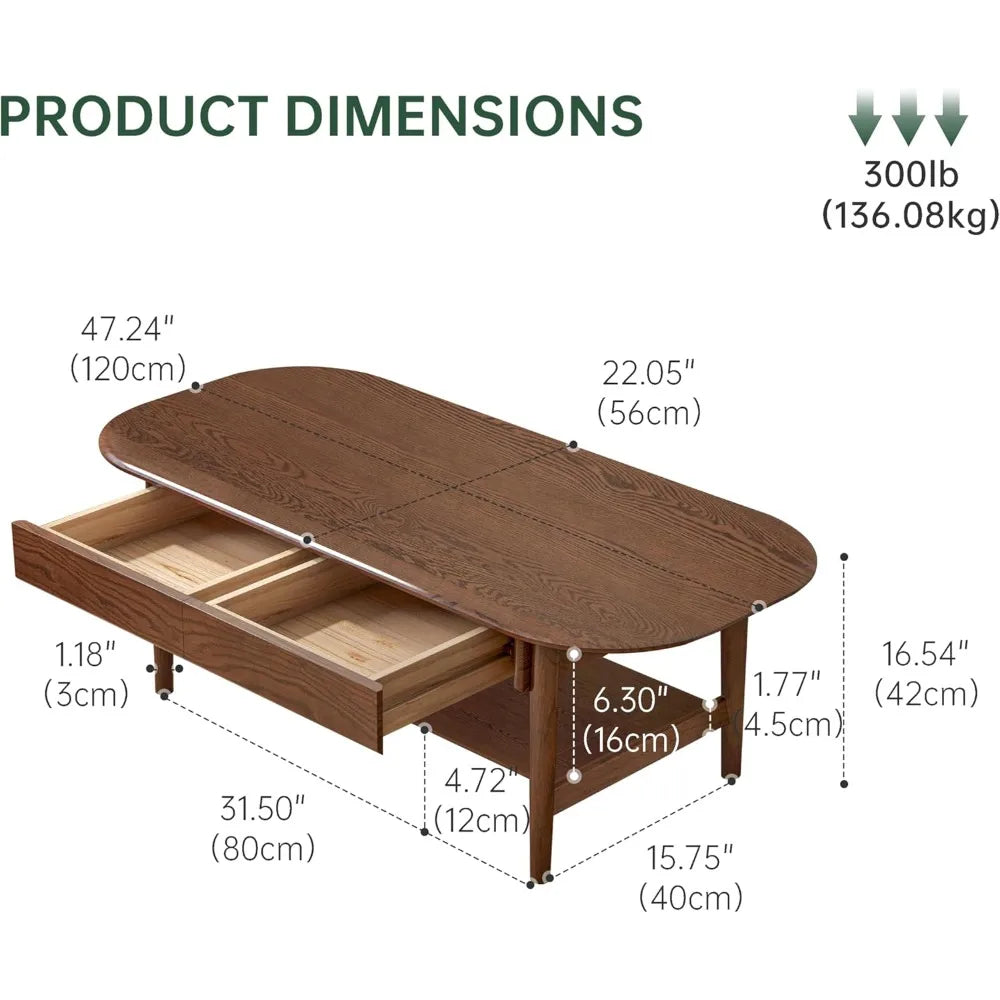 DAFIFY Oak Wood Coffee Table With 2 Drawers And Shelf