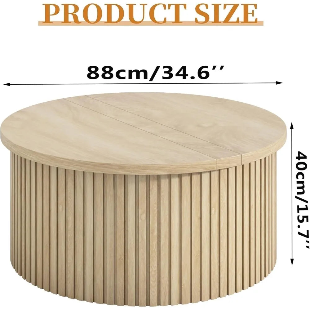 Farmhouse Round Fluted Lift Top Coffee Table With Storage