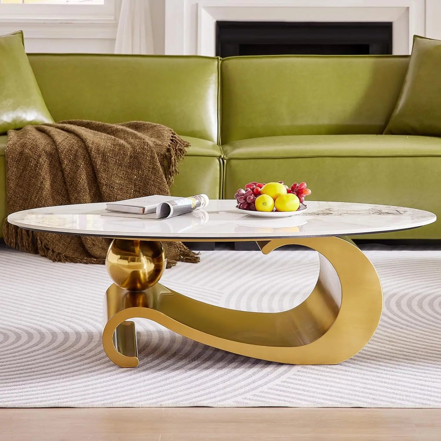 General Use Faux Marble Coffee Table With Metal Base
