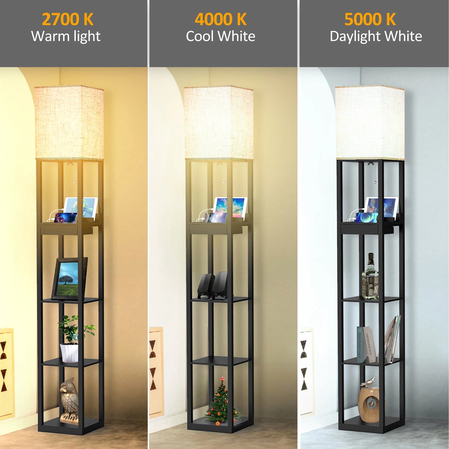 Hign Concerned Floor Lamp With Shelves USB Ports Drawer