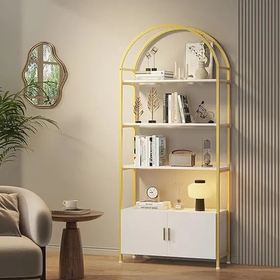 TANGXU Arched Bookshelf With Doors Metal Frame Shelving