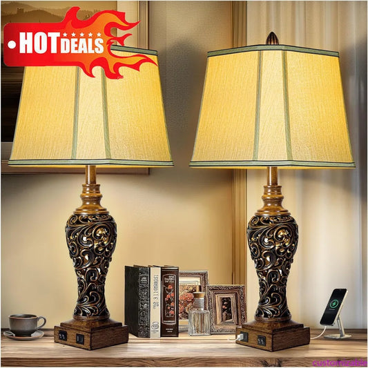 XMSJ Farmhouse Table Lamp Set With USB Ports Nightlight