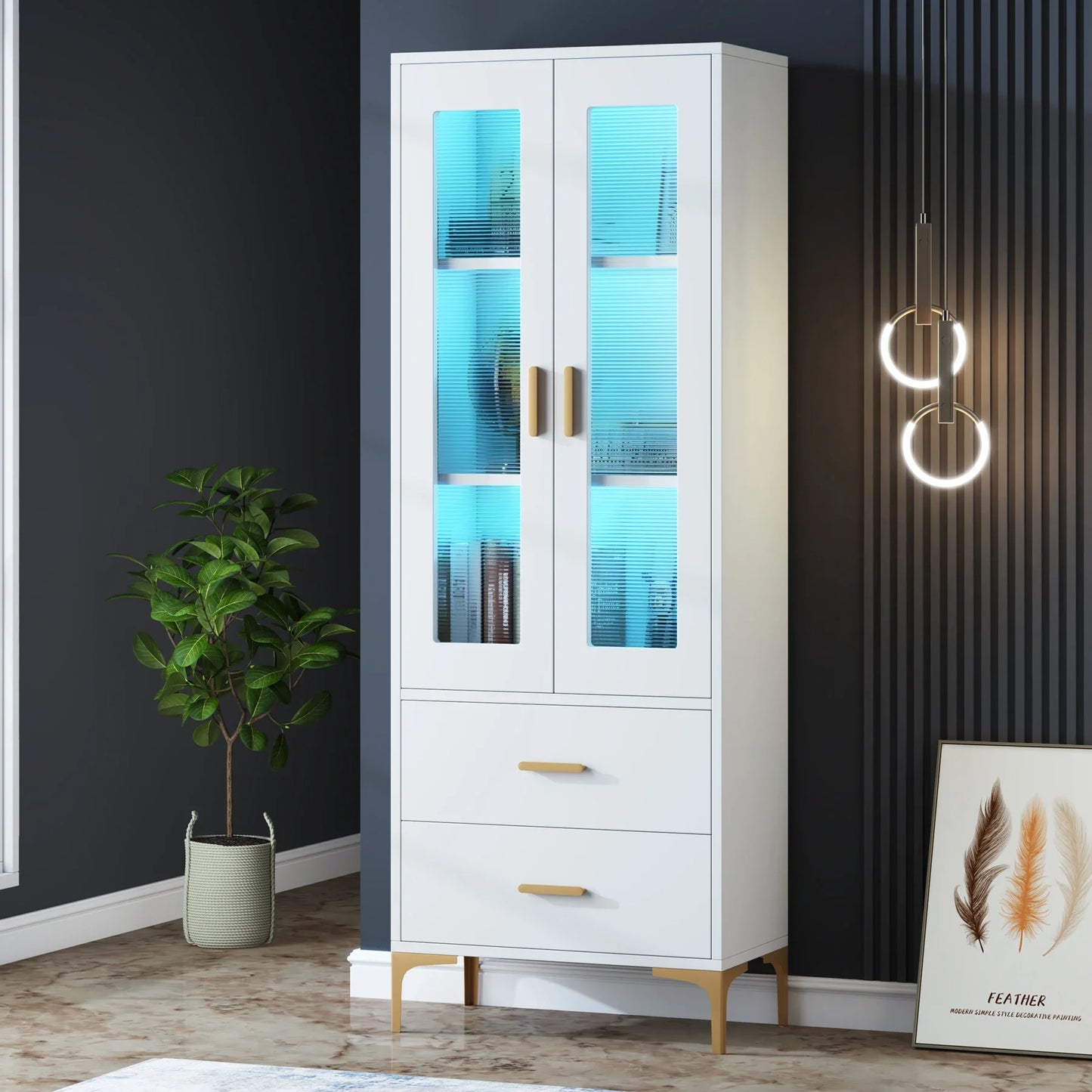 Tribesigns Bookcase With LED Light And Doors Drawers