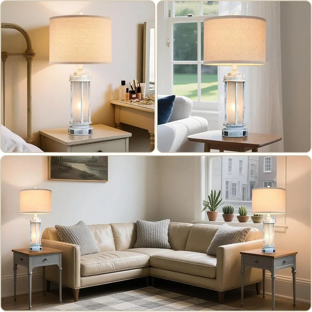 XMSJ Rustic Table Lamps Set 2 USB Ports Farmhouse Style