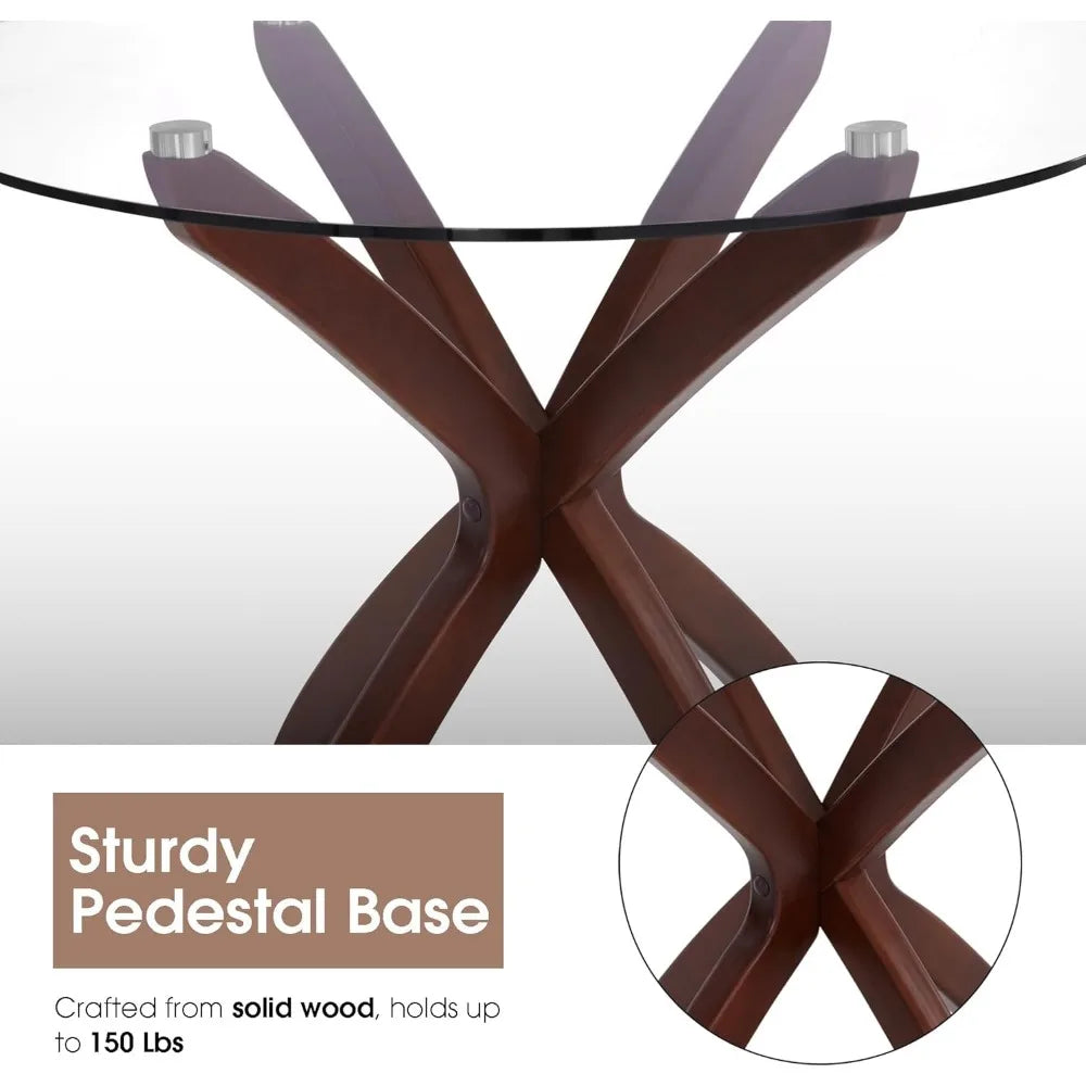 ZHUXIANG Round Glass Dining Table With Solid Wood Legs