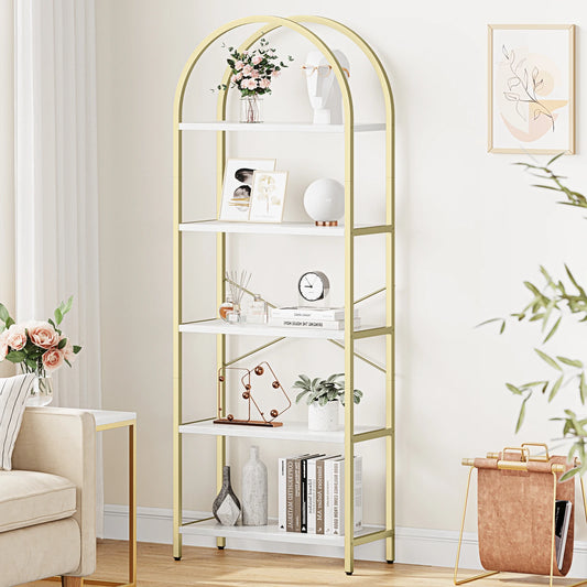 HiMISS Arched Metal Frame Bookshelf Wooden Bookcase