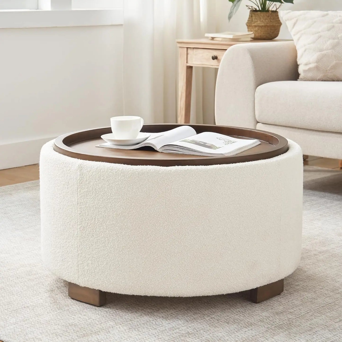 XMSJH Modern Round Storage Ottoman Coffee Table With Lid