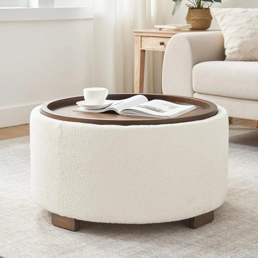 XMSJH Modern Round Storage Ottoman Coffee Table With Lid