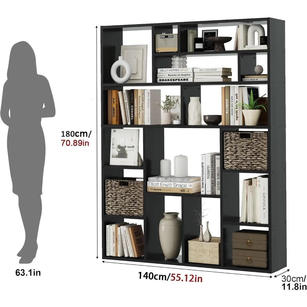 Boshiro Six Tier Open Bookcase With Sixteen Irregular Cubes