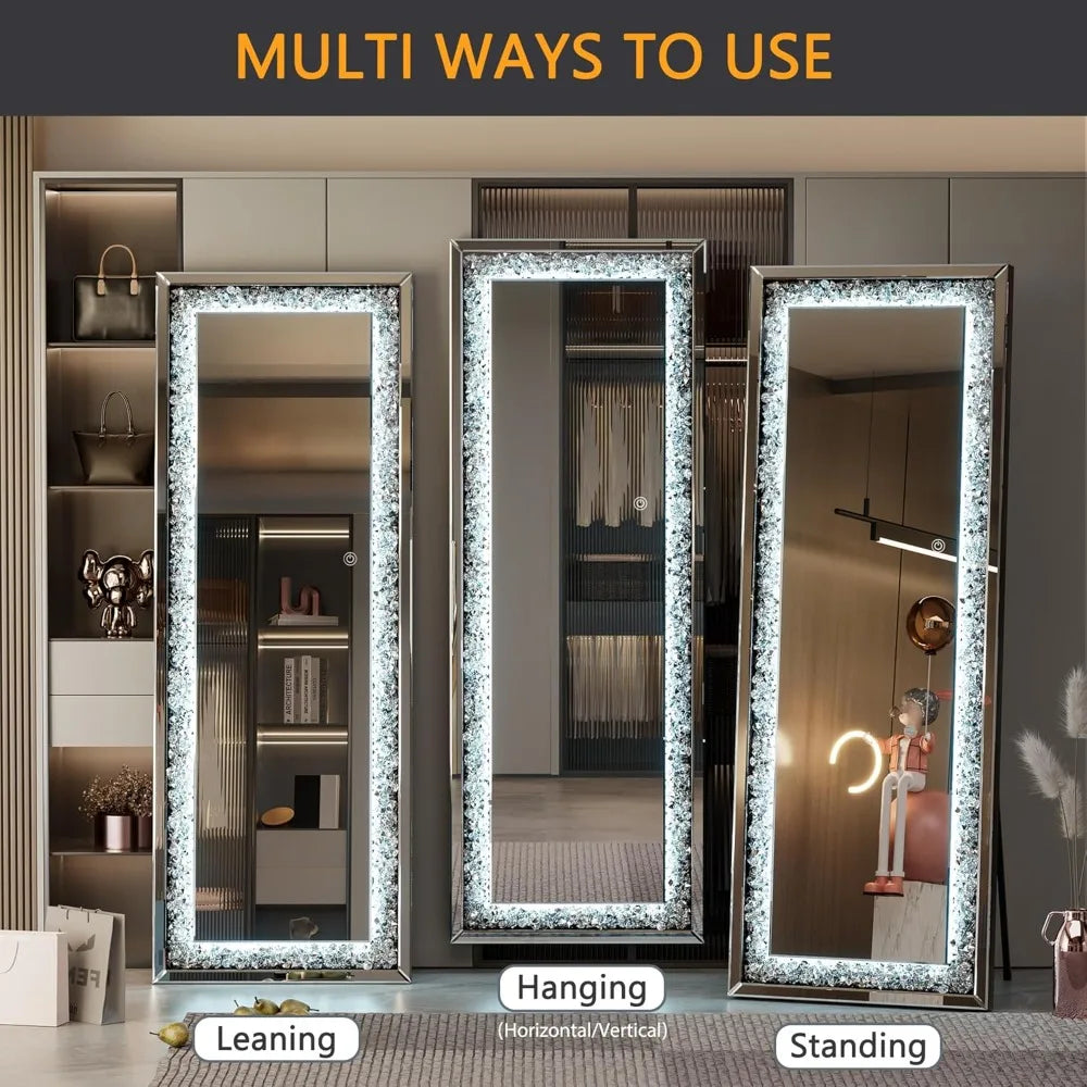 XMSJH Full Length Lighted Crystal Diamond Wall Leaning Mirror