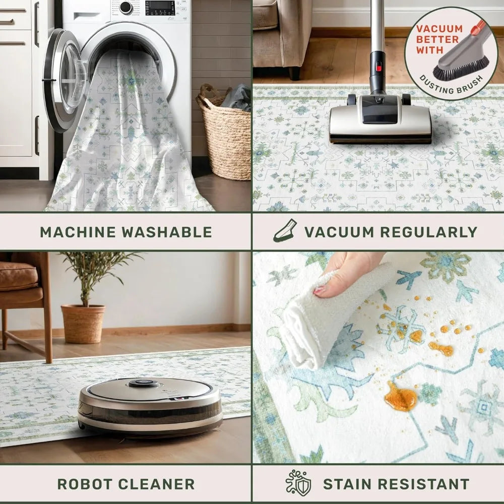 Boho Floral Wool Rug with Non Slip Backing