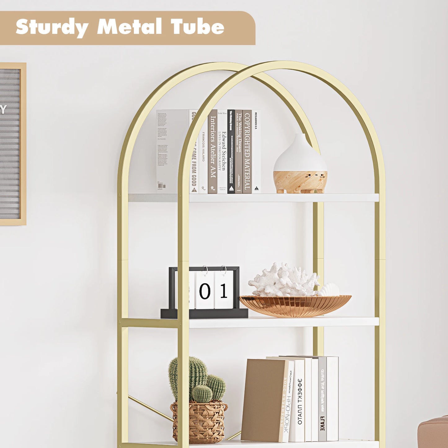 HiMISS Arched Metal Frame Bookshelf Wooden Bookcase