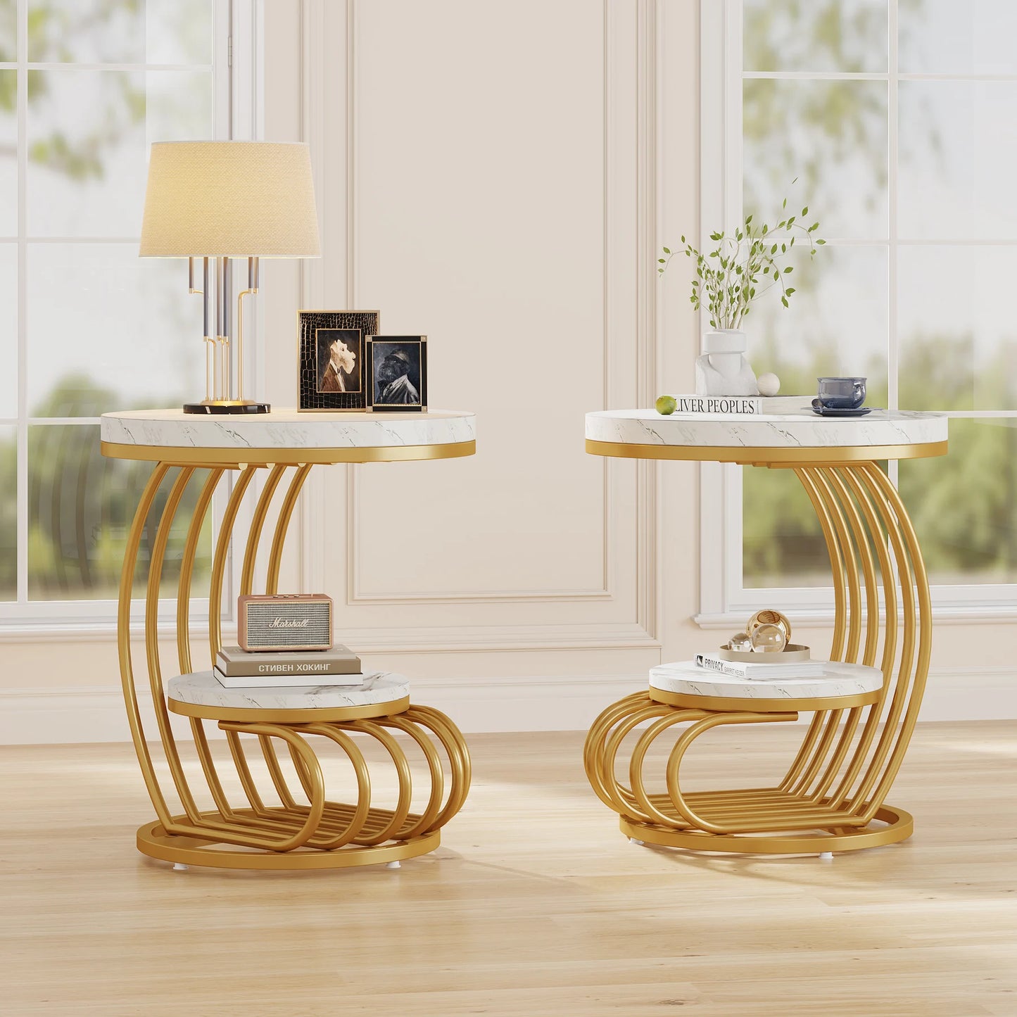 Tribesigns Gold Round End Table 2 Tiers Faux Marble