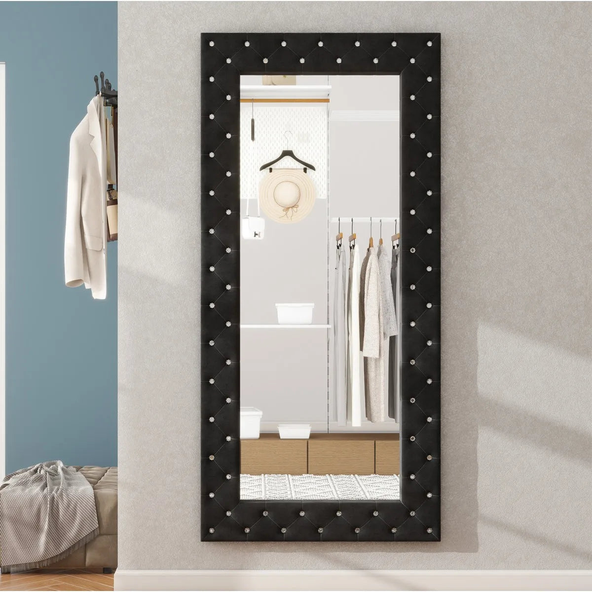 SHYFOY Black Rectangle Crystal Tufted 71" H Large Floor Mirror