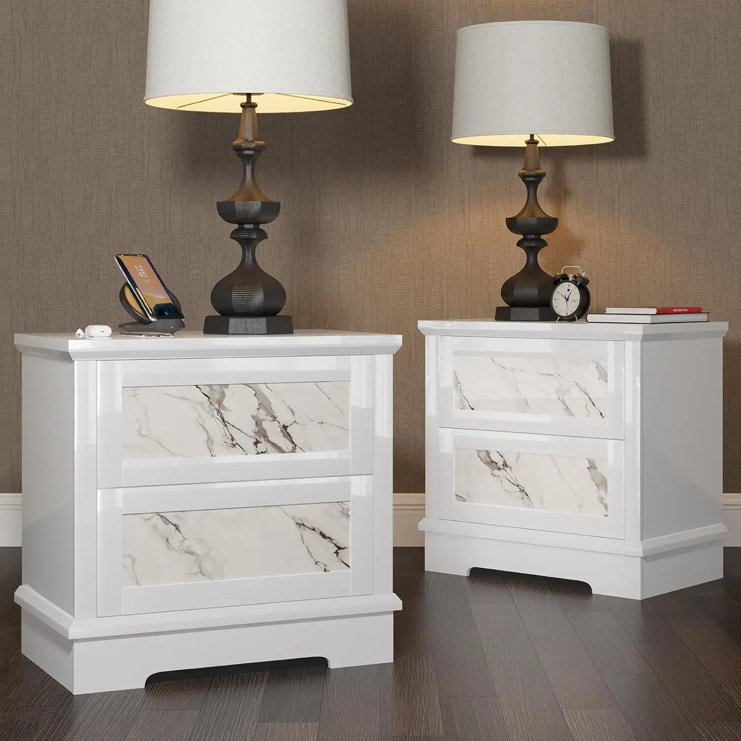 HUANHUI Marble Nightstand Set Of 2 With Drawers And Storage