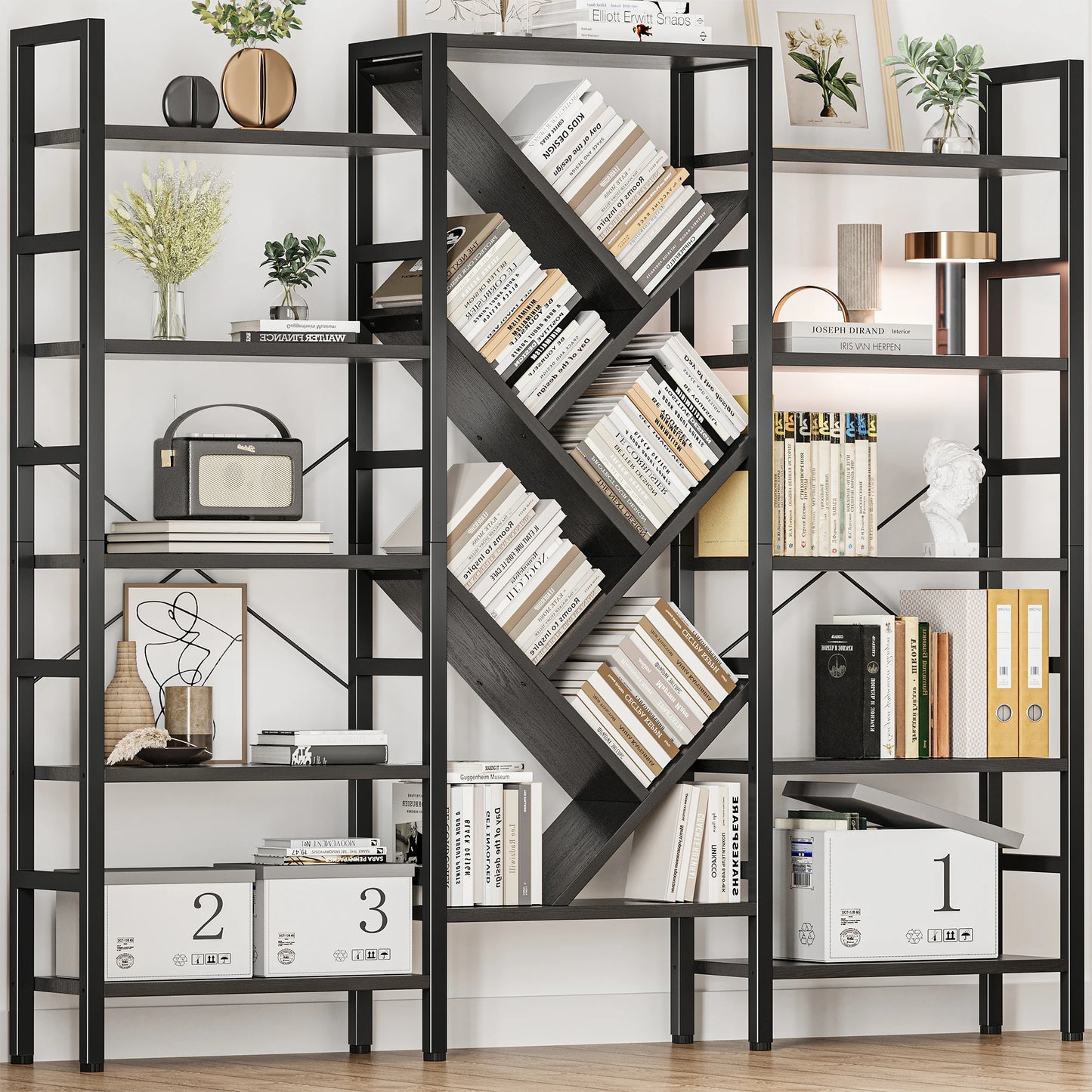 Finishes 5 Tier Triple Bookshelf Modern Tree Wood Bookcase