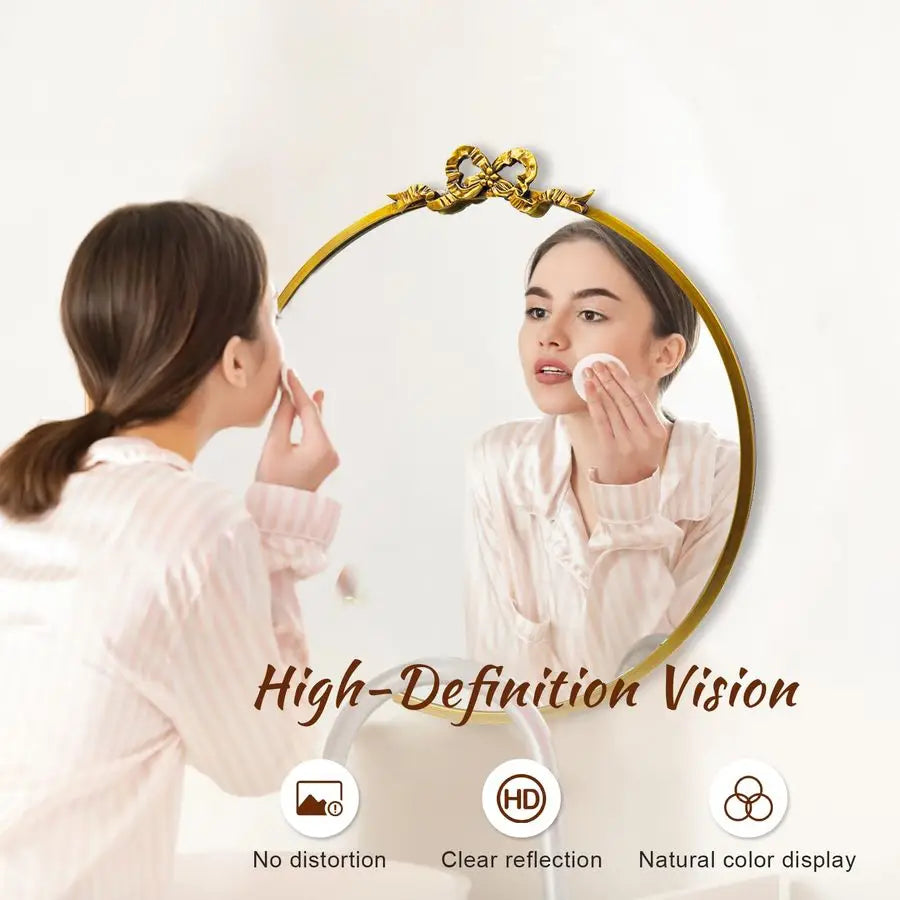 Round Gold Bow Mirror 20inch Metal Bathroom Vanity Wall Mirrors Decorative Antique Ornate Circle Mirror, Baroque Home Bow Decor