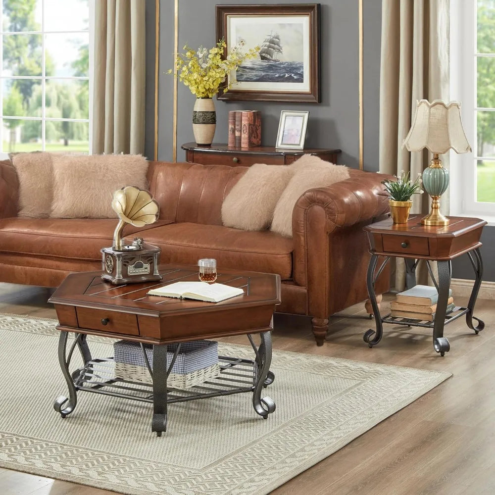 Guangbai 2 Tier Hexagon Wood Coffee Table With Metal Legs
