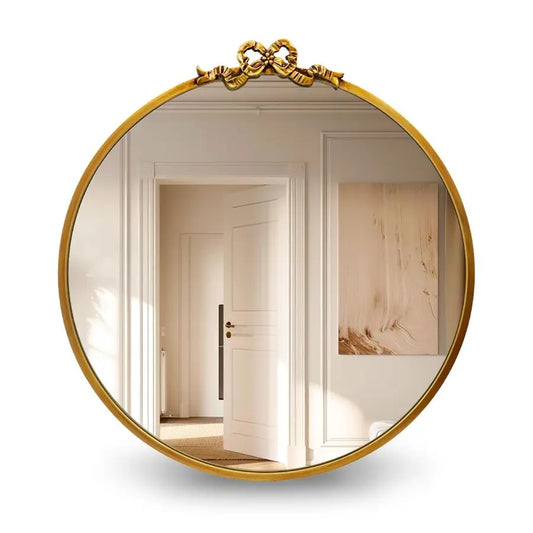 Round Gold Bow Mirror 20inch Metal Bathroom Vanity Wall Mirrors Decorative Antique Ornate Circle Mirror, Baroque Home Bow Decor
