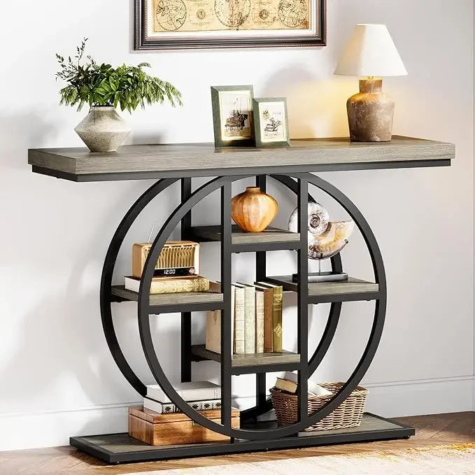 Hign Concerned Industrial Console Table With Circle Shelves