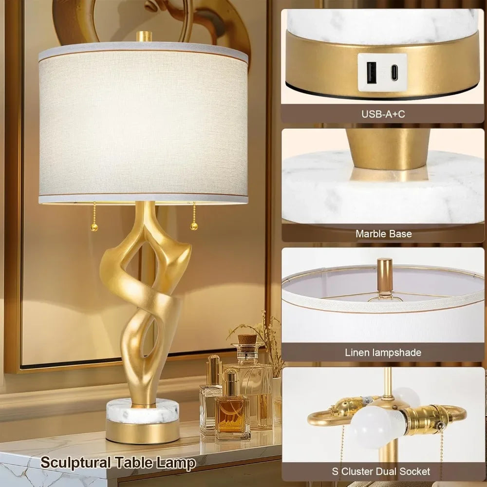 XMSJ Sculptural Table Lamp Set 2 With Marble Base And USB