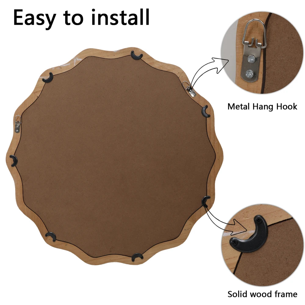 Wavy Scalloped Edge Round Wood Wall Mirror