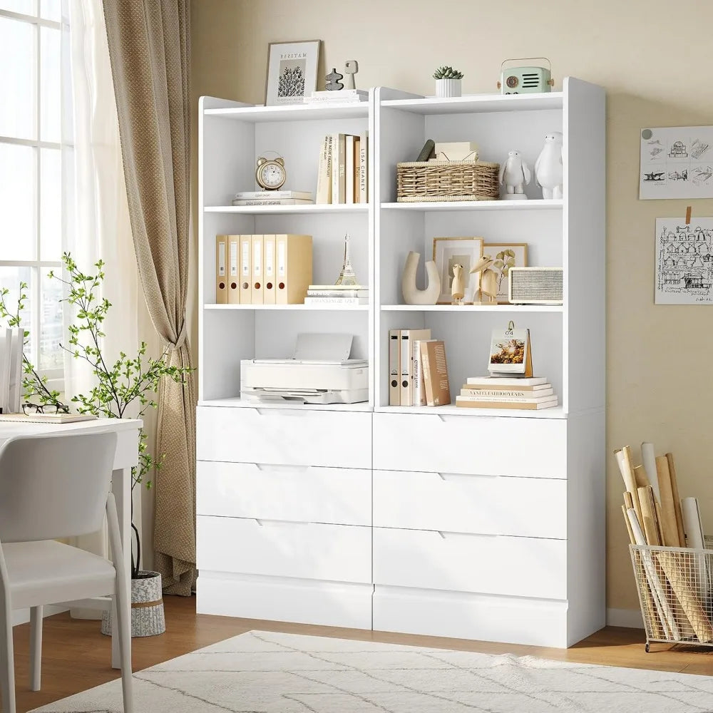Bookcase Set Of 2 With 3 Drawers And Adjustable Shelves