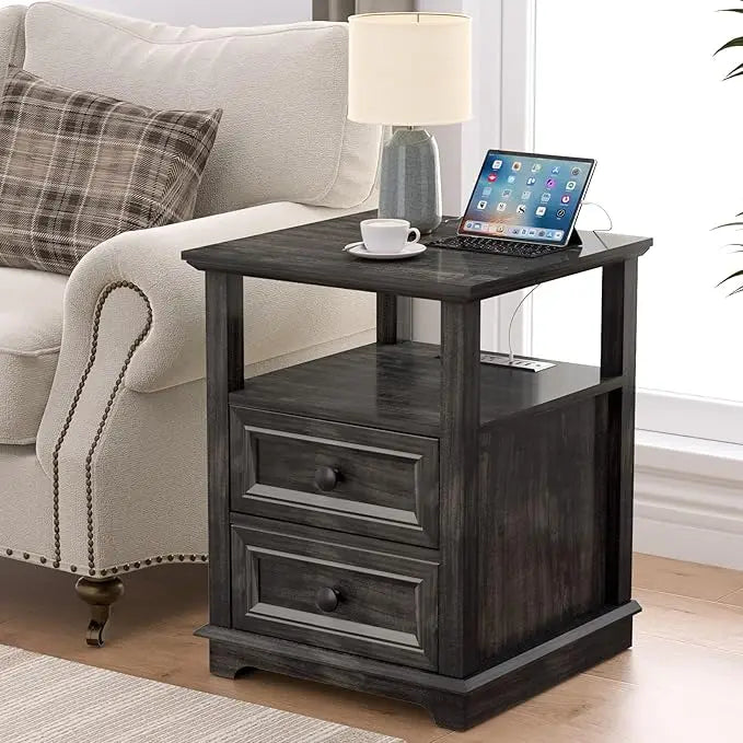 HUANZHUANG End Tables Set 2 With Drawers And Fast Charge