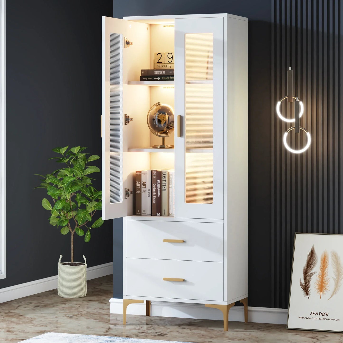 Tribesigns Bookcase With LED Light And Doors Drawers