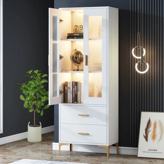 Tribesigns Bookcase With LED Light And Doors Drawers