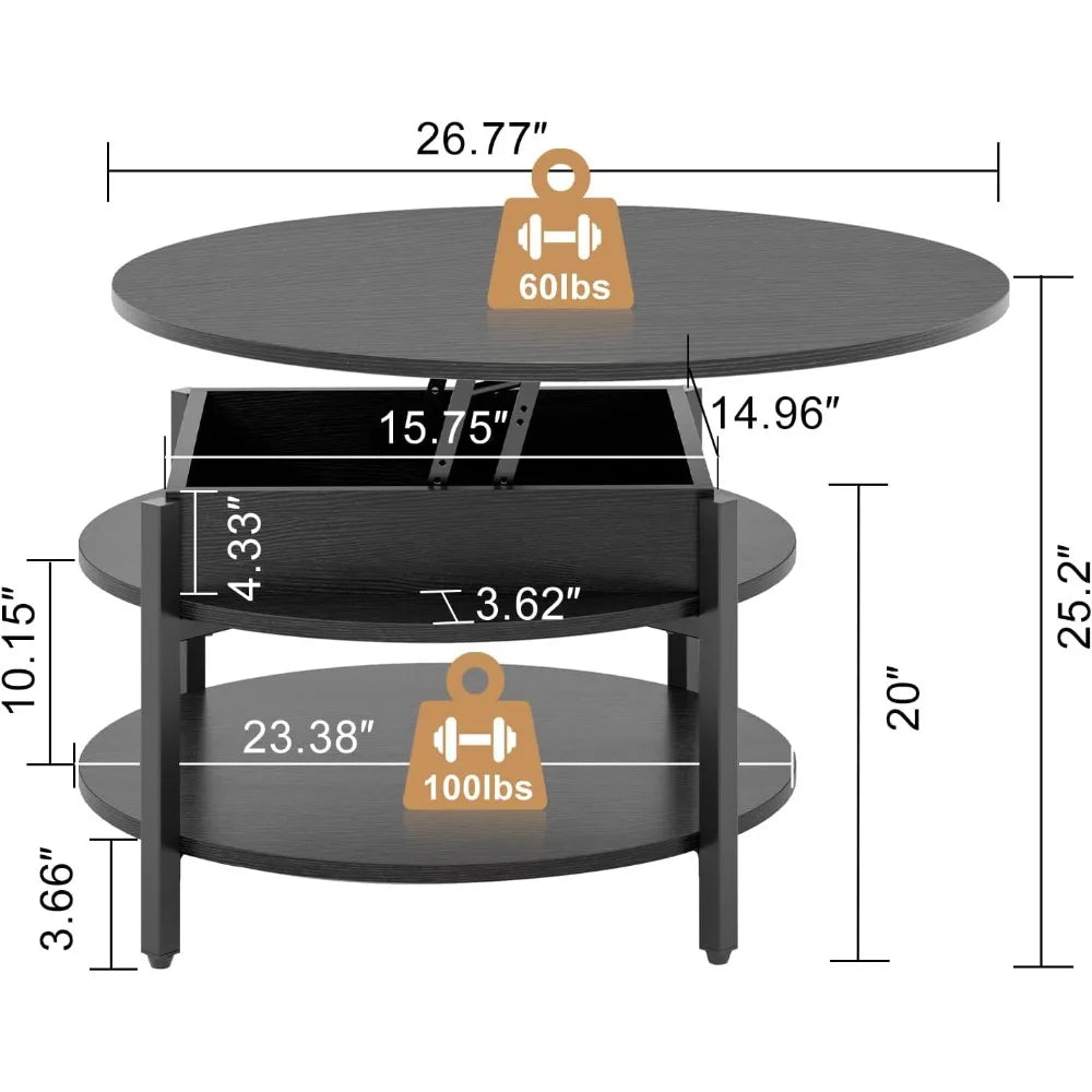 Round Lift Top Coffee Table With Storage And Hidden Compartment