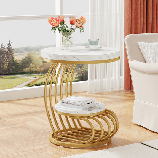 Tribesigns Gold Round End Table 2 Tiers Faux Marble