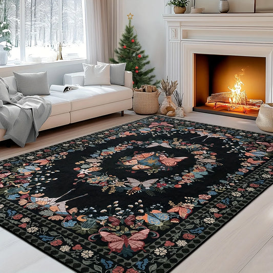 Gnizama Butterfly Floral Living Room Area Rug Modern Washable