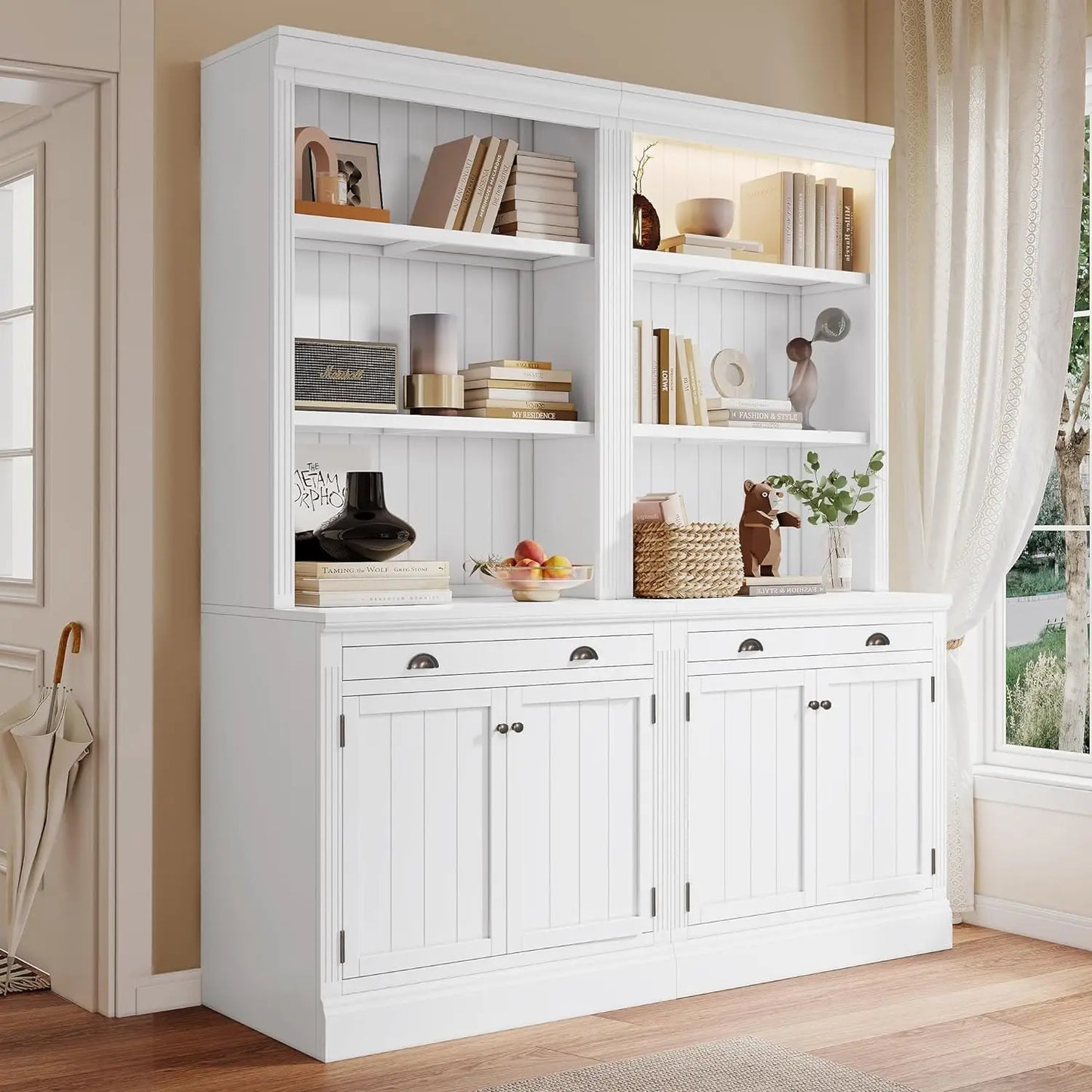Modern Tall Bookcase With LED Lighting Drawers Shelves