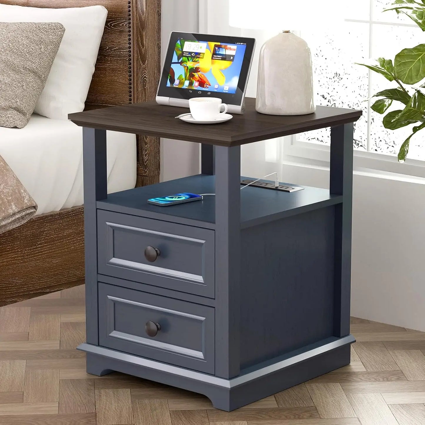 HUANZHUANG End Tables Set 2 With Drawers And Fast Charge