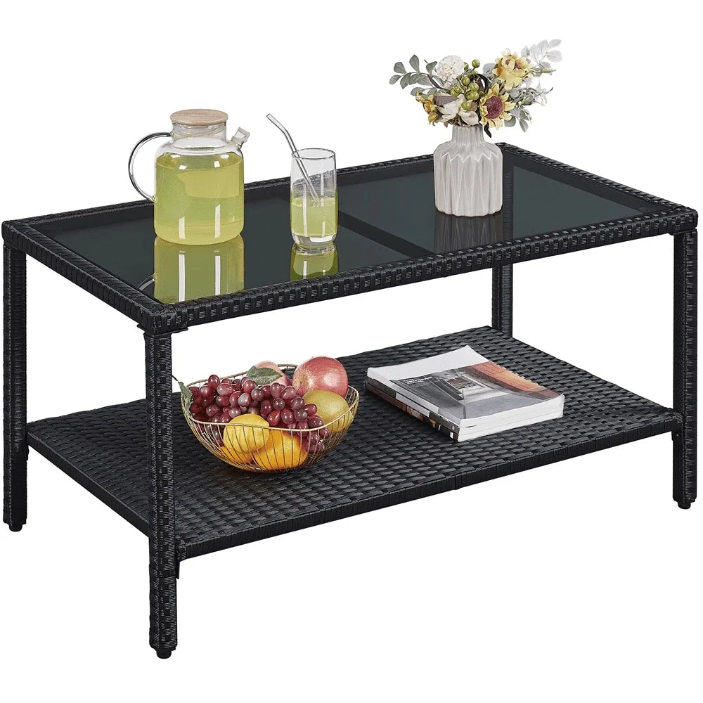 Folded Wicker Coffee Table With Tempered Glass Top Outdoor
