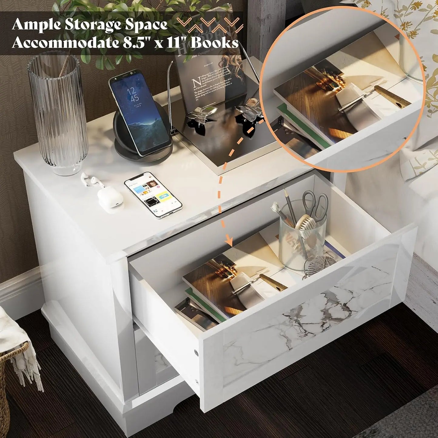 HUANHUI Marble Nightstand Set Of 2 With Drawers And Storage