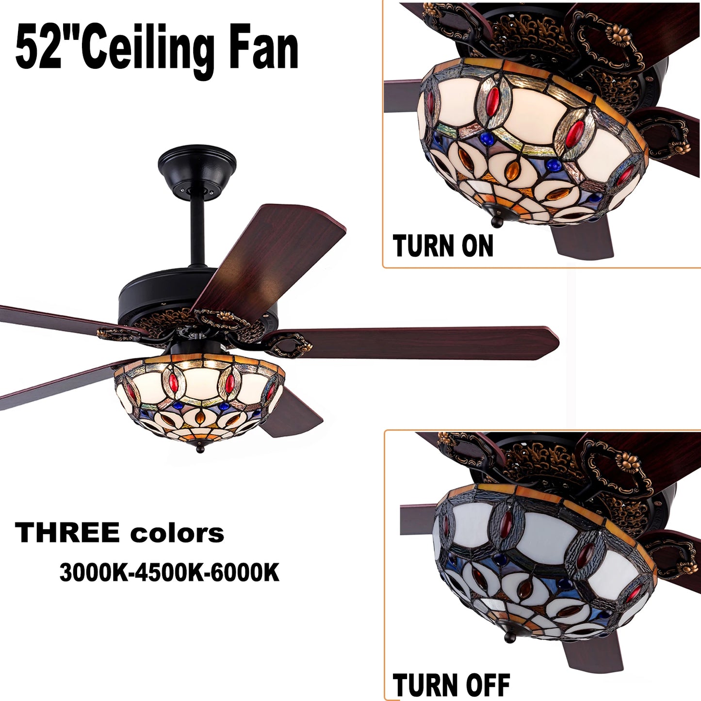 Bymaocar Tiffany Ceiling Fan With Remote Control Three Lights