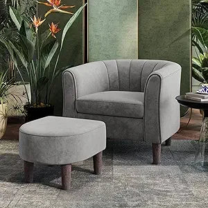 Mid Century Modern Chenille Barrel Chair With Ottoman