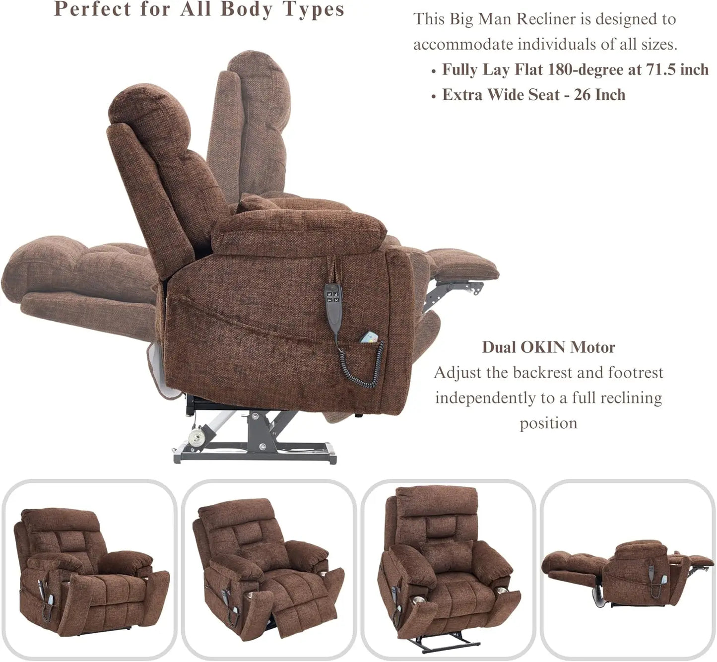 Oversized Power Lift Recliner With Heat Massage Cupholders