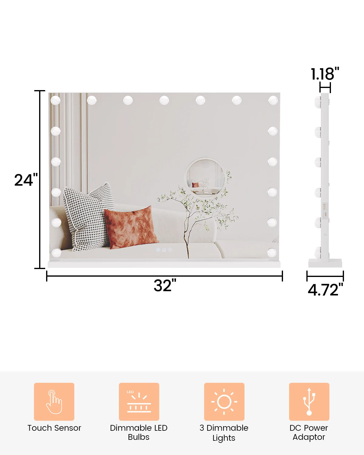 Feature Vanity Mirror With Lights Dimmable Modes 3X