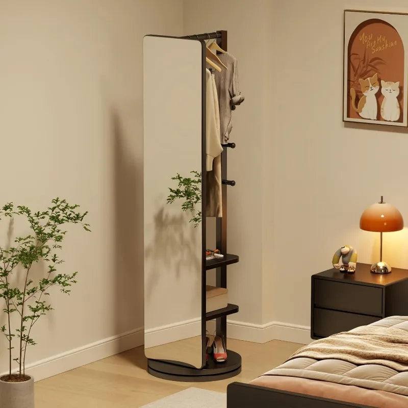 OEING Full Length Mirror With Coat Rack Solid Wood Standing