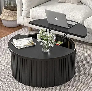 Farmhouse Round Fluted Lift Top Coffee Table With Storage