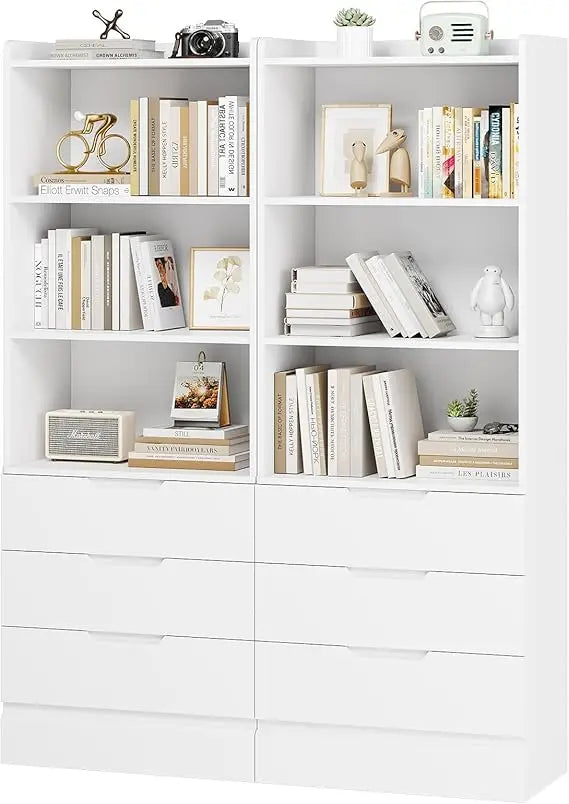 Bookcase Set Of 2 With 3 Drawers And Adjustable Shelves