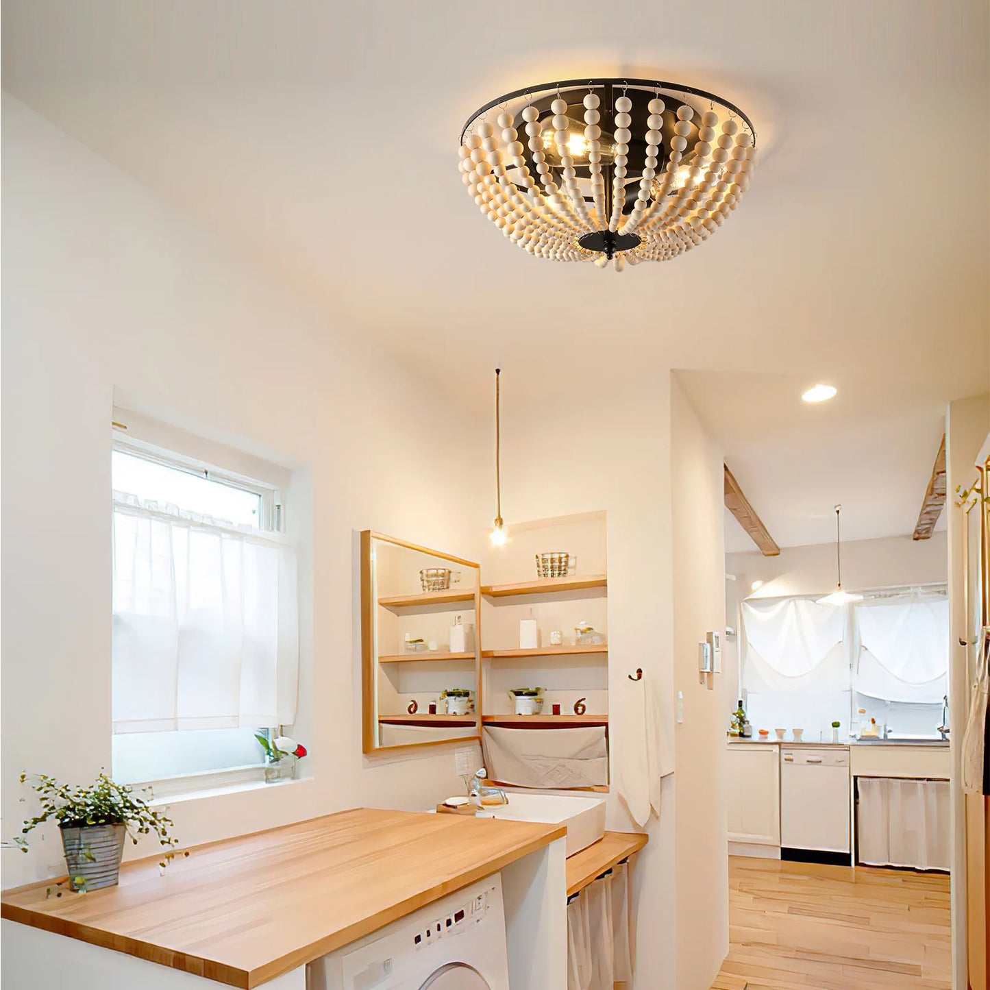 Boho 3 Light Flush Mount Wood Bead Ceiling Fixture