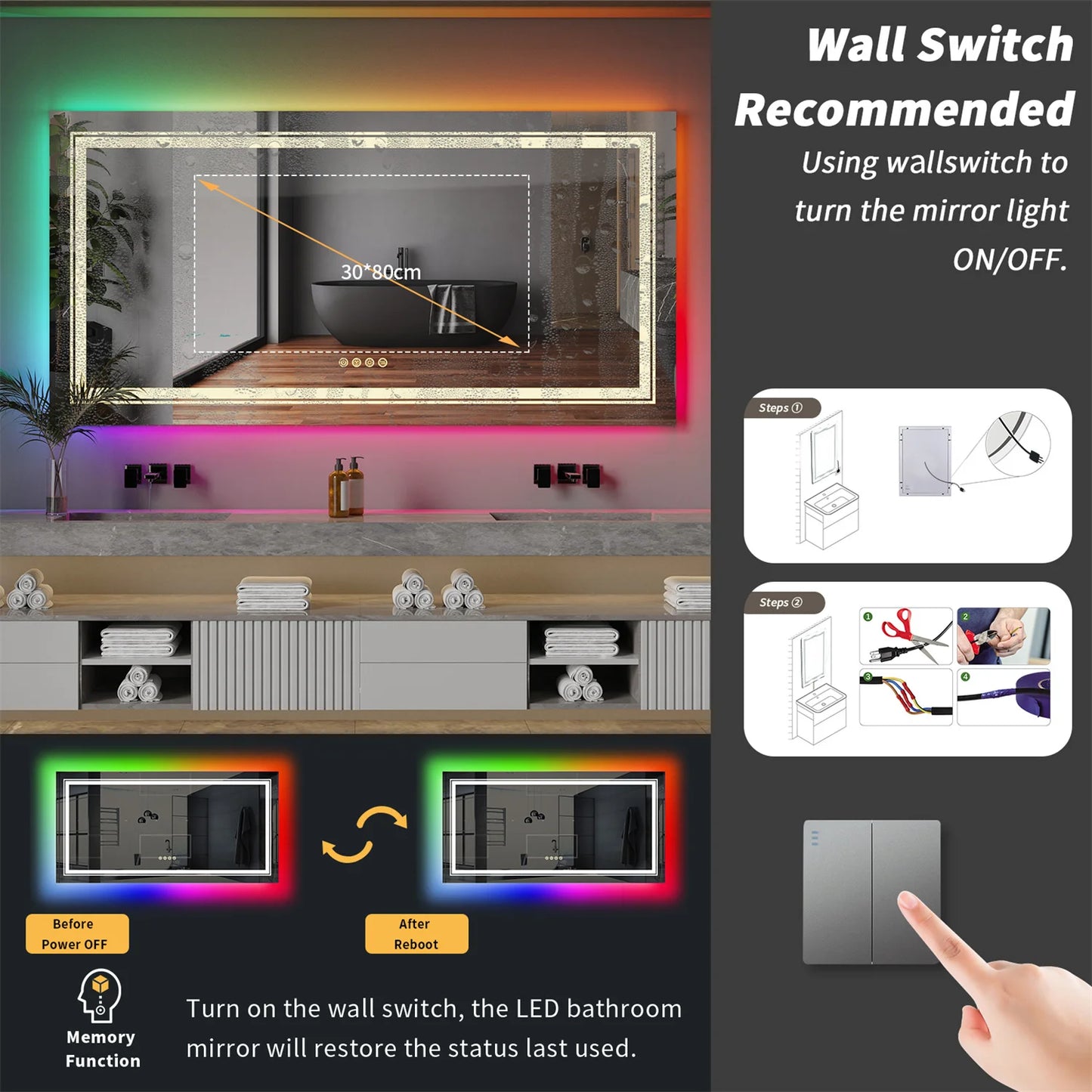 Wisfor LED Vanity Mirror RGB Backlit Anti Fog Dimmable