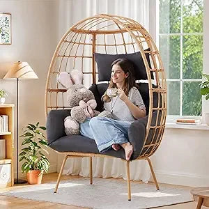 MKDK Oversized Rattan Egg Chair Indoor Wicker Lounger