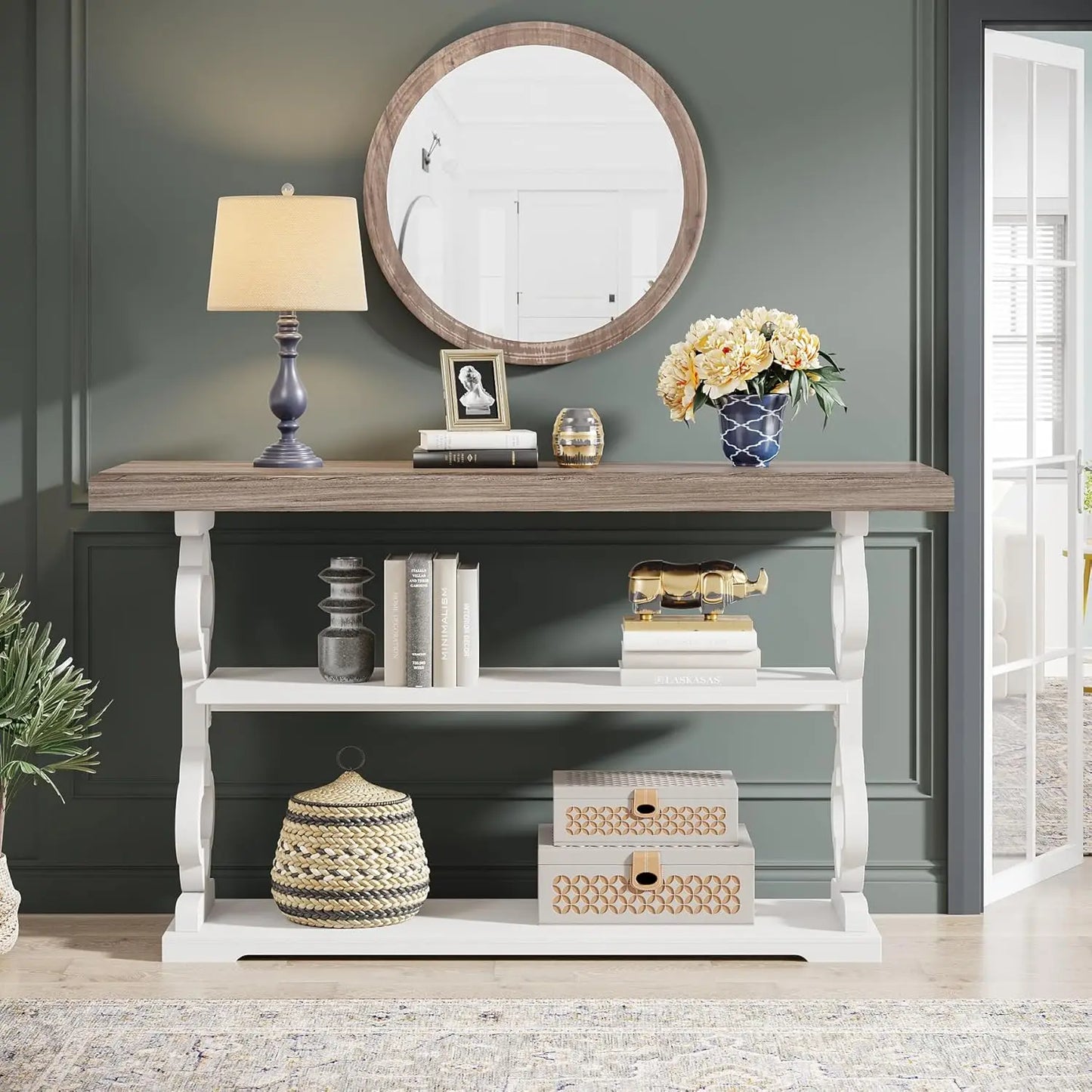 LITTLE TREE Farmhouse Console Table With Storage Shelves