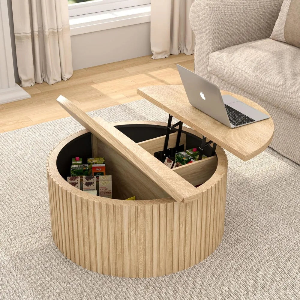 Farmhouse Round Fluted Lift Top Coffee Table With Storage