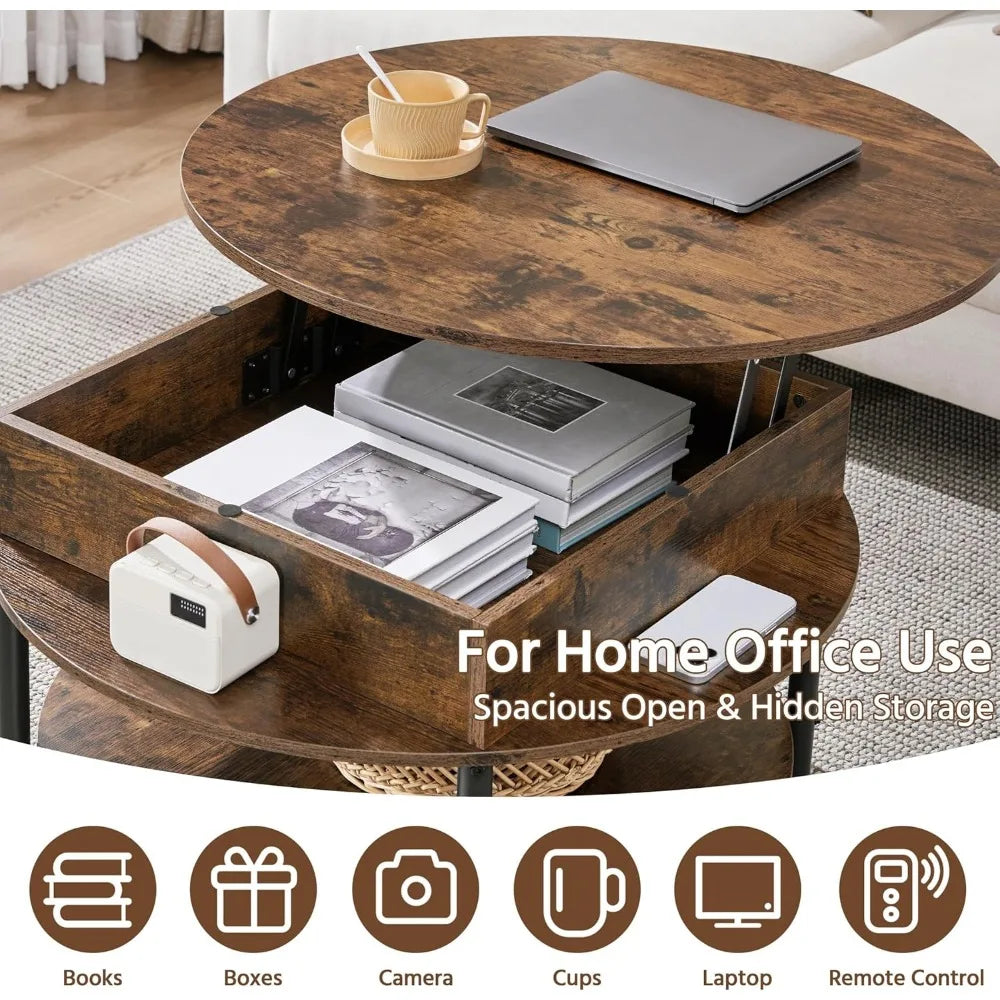Round Lift Top Coffee Table With Hidden Compartment And Storage